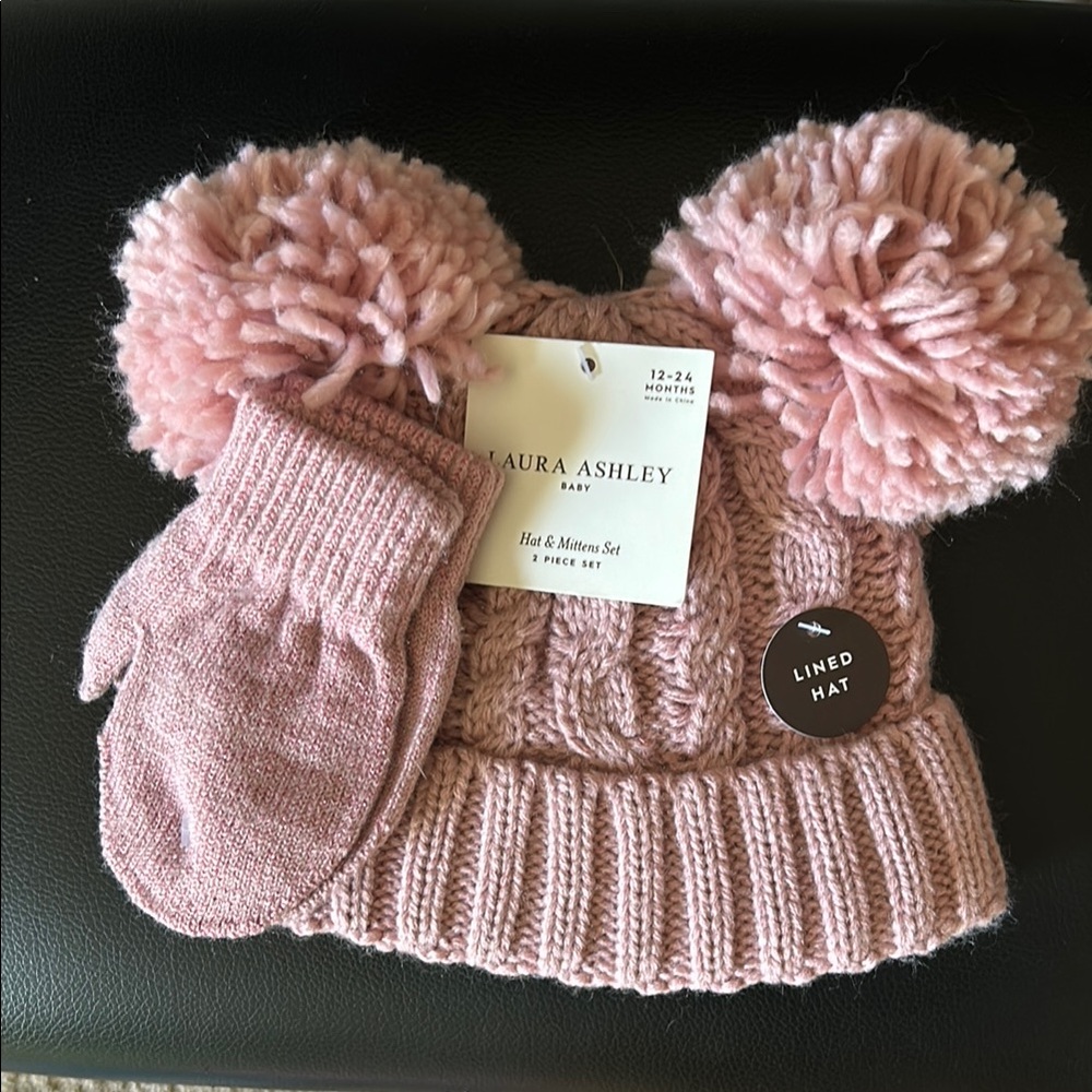 Laura Ashley Pink Hat & Mitten Set for Kids
